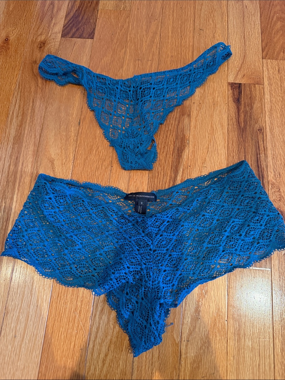 KIKI DE MONTPARNASSE Lace Cheeky Brief & Thong Set in Teal - Women Intimates